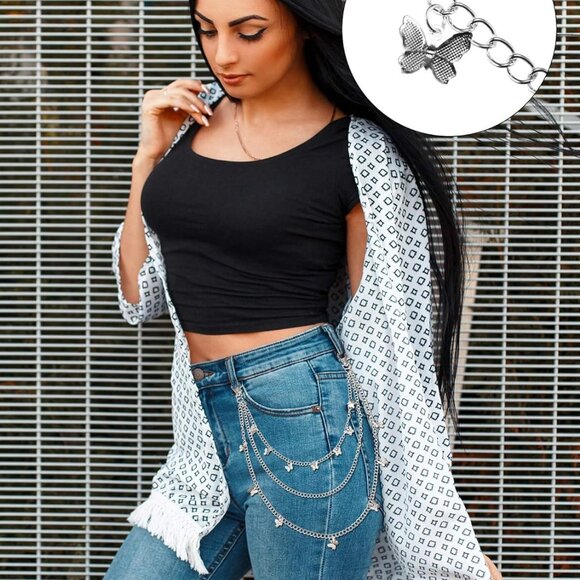 6 Pieces Jeans Pants Chain Belt Goth Multi Layer Decor Heart Butterfly Waist Poc - Picture 5 of 8